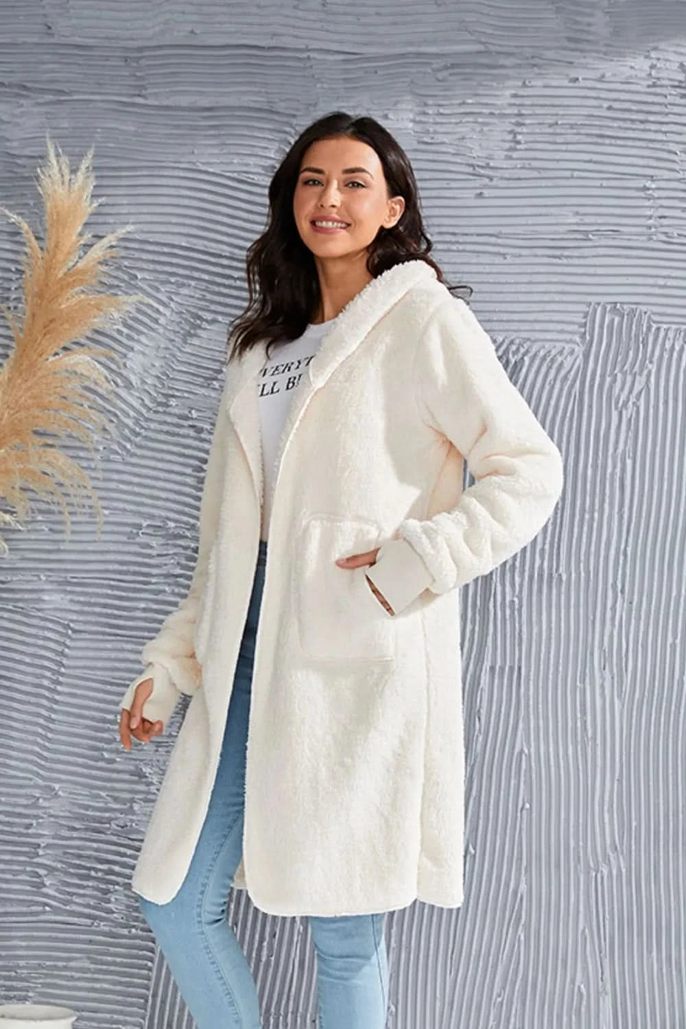 Double Take Full Size Hooded Teddy Bear Jacket with Thumbholes in - photo