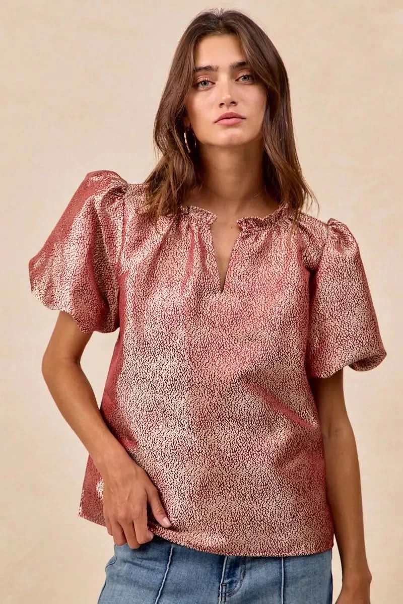 BiBi Jacquard Woven Short Balloon Sleeves V Neck Top in - photo