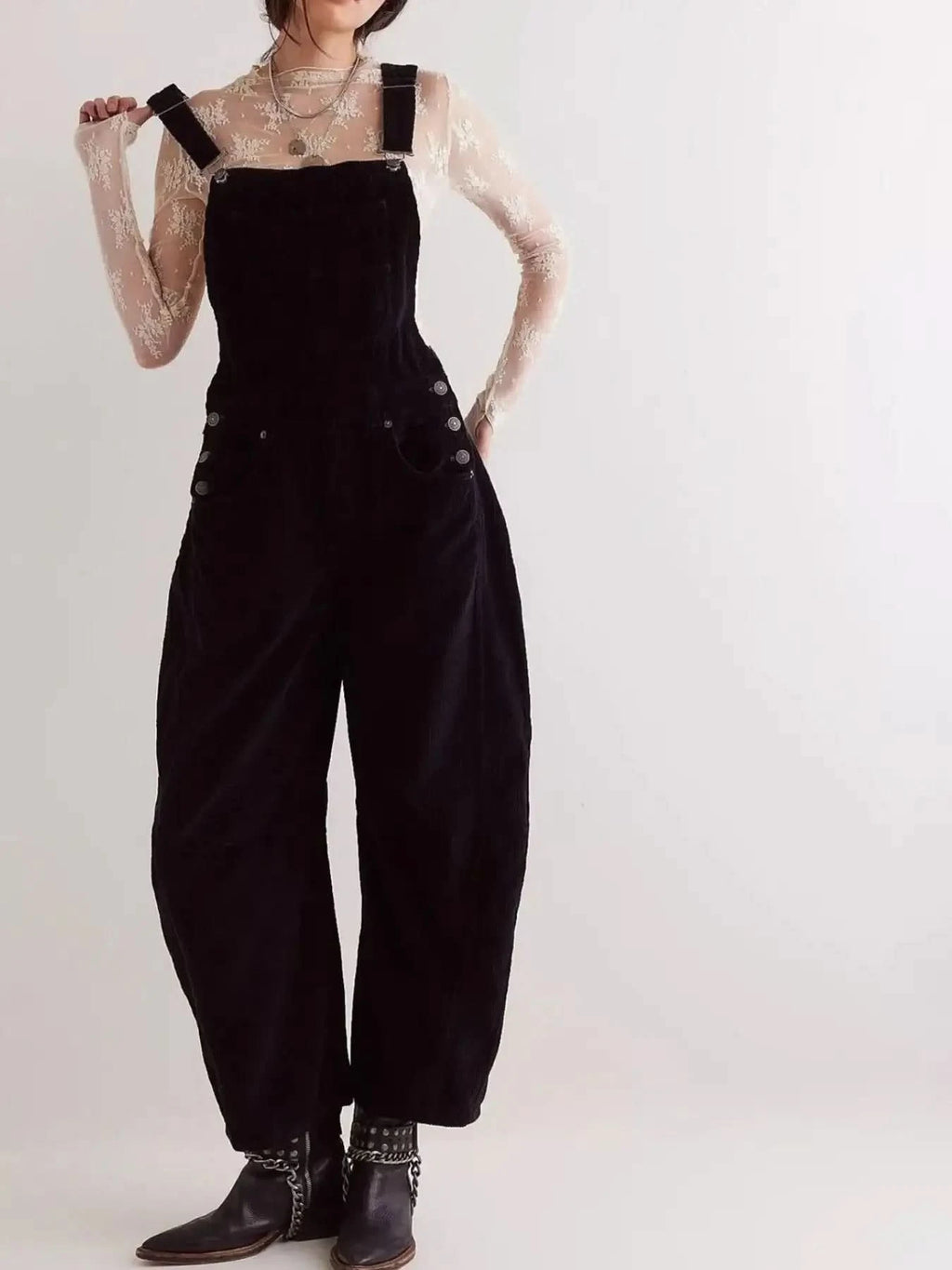 Corduroy Wide-Leg Overall with Adjustable Straps in Black - photo