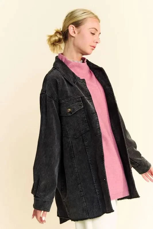 Davi & Dani Washed Corduroy Raw Hem Button Up Jacket in - photo