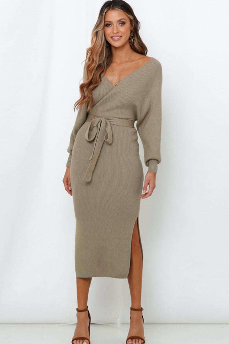 Surplice Neck Bow Waist Slit Sweater Dress in - Dresses photo