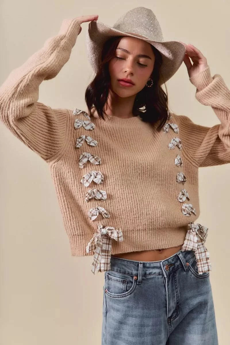 SO ME Checkered Plaid Tape Lace Up Ribbed Sweater in - photo