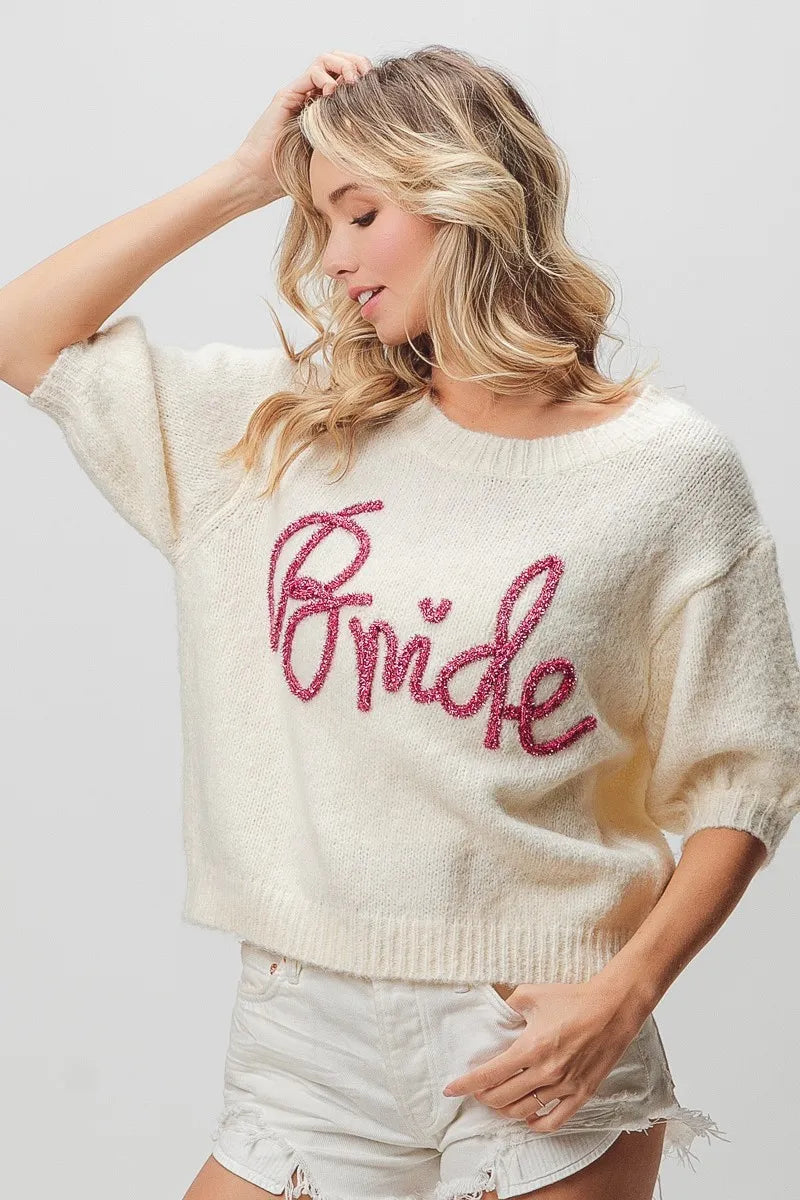 BiBi Metallic Letter Short Puff Sleeve Hairy Sweater in - photo