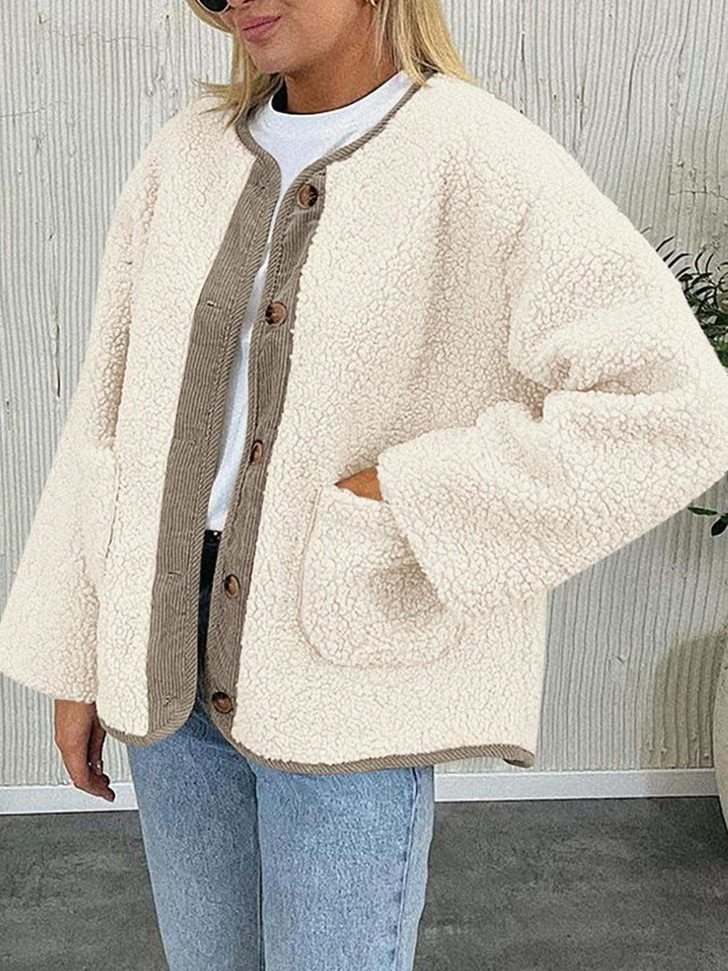 Contrast Button Up Sherpa Jacket with Pockets in - photo