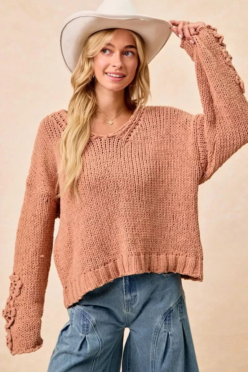 BiBi Chunky Knit Sweater with Flower Detail Sleeves in - photo