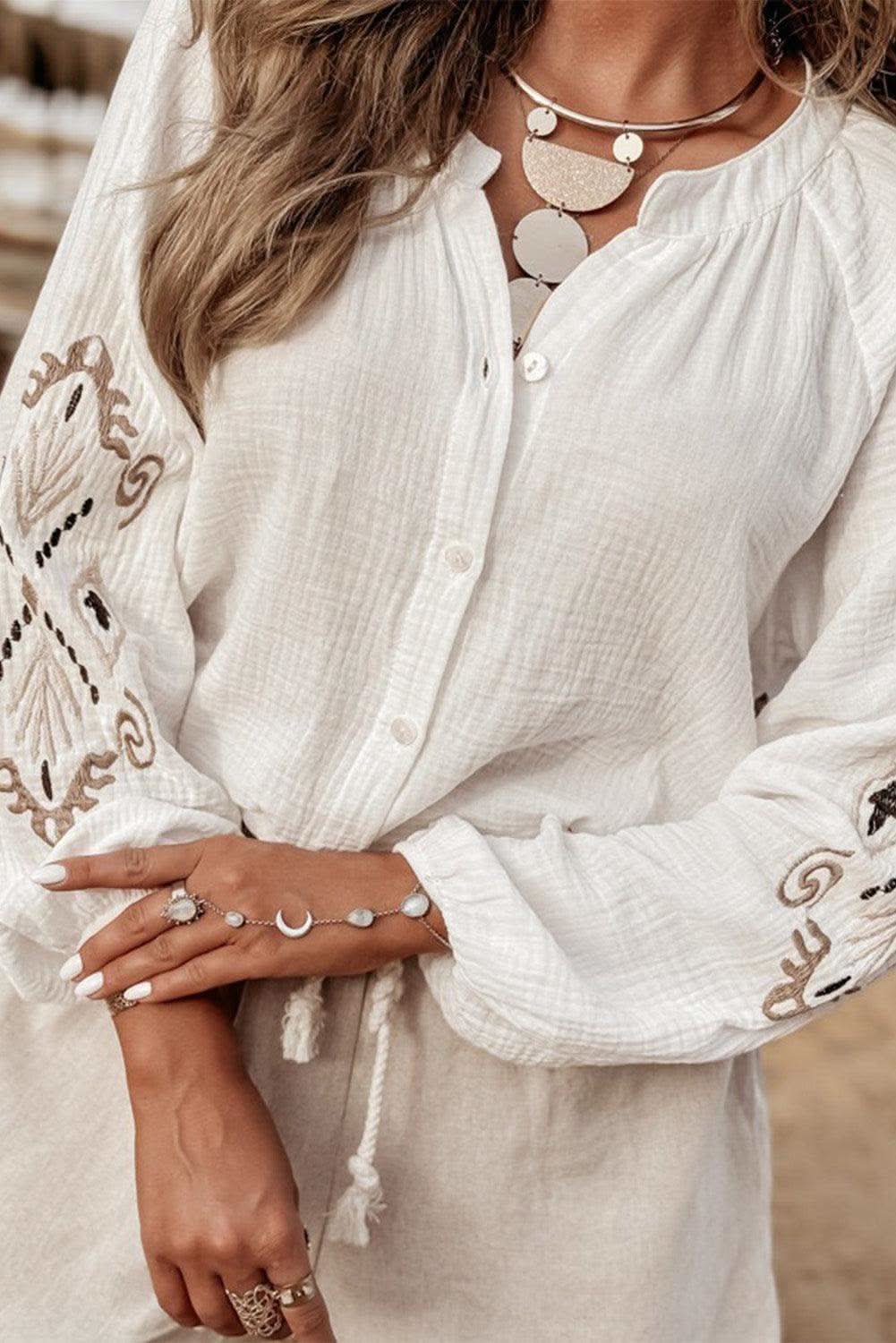 Embroidered Button Down Long Sleeve Shirt - SwagglyLife Home & Fashion