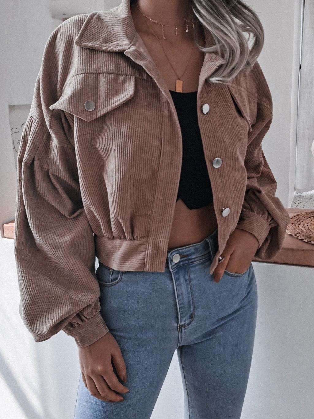 Lantern Sleeve Cropped Corduroy Jacket in Khaki - photo