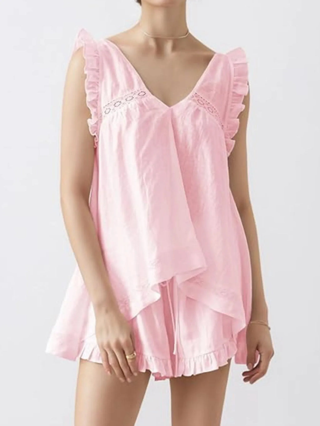 Ruffled V-Neck Top and Shorts Set - SwagglyLife Home & Fashion