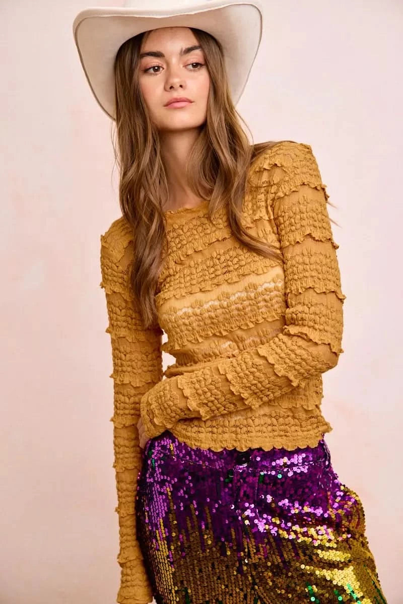 BiBi Ruffles Detail Mardi Gras Color Flower Lace Top in - photo