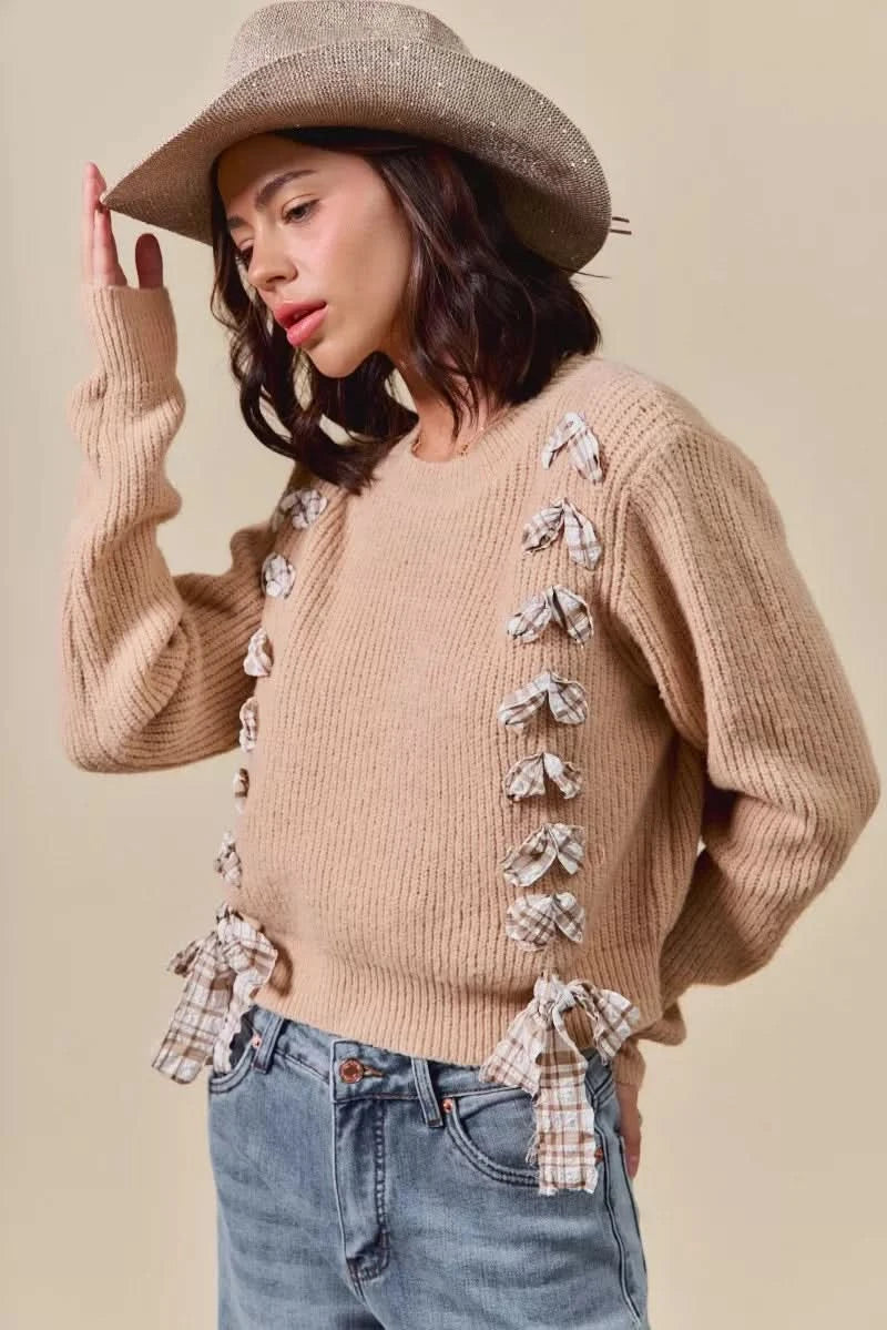 SO ME Checkered Plaid Tape Lace Up Ribbed Sweater in - photo