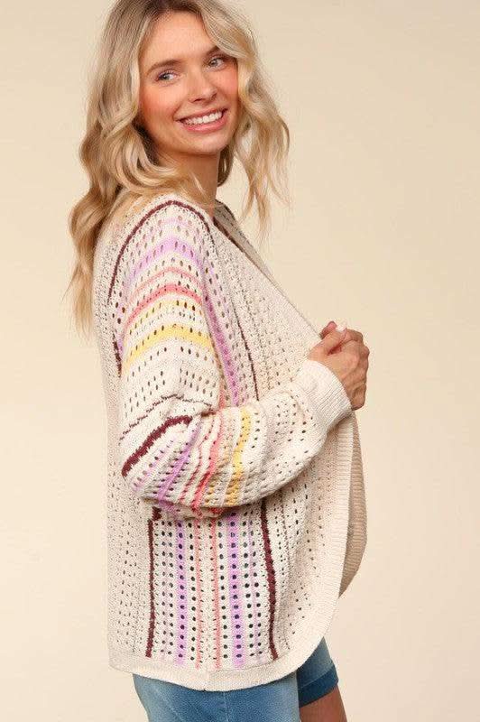 Haptics Full Size Striped Crochet Open Front Cardigan in - photo