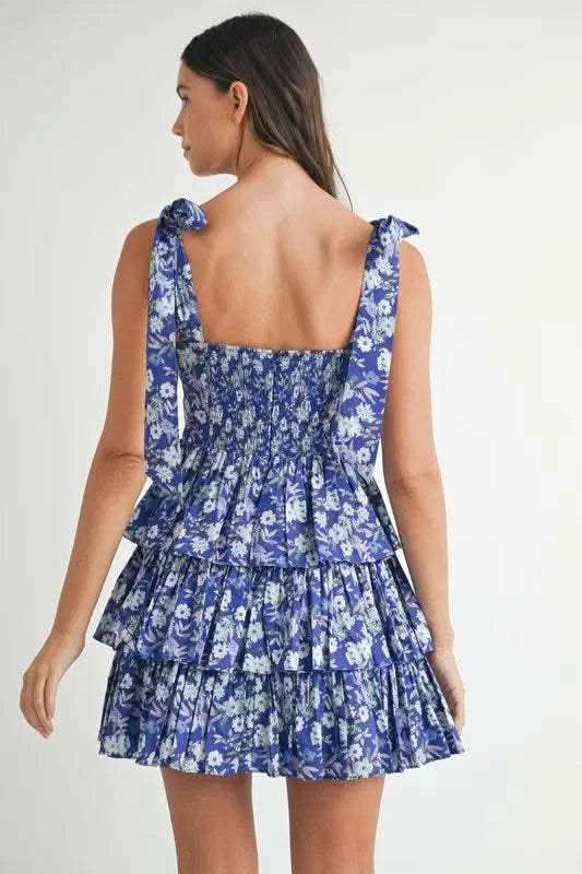 MABLE Floral Print Shoulder Tie Layered Mini Dress in - photo