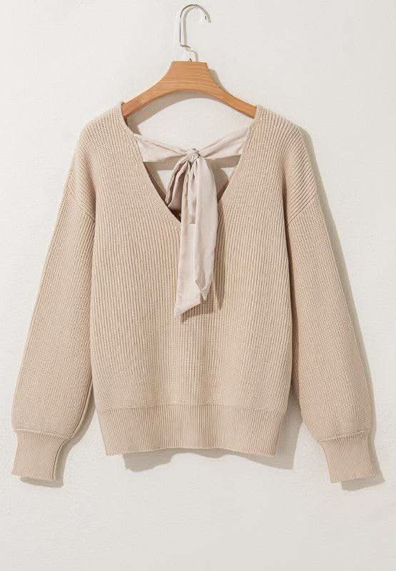 Tied Back V-Neck Long Sleeve Sweater in - sweaters photo