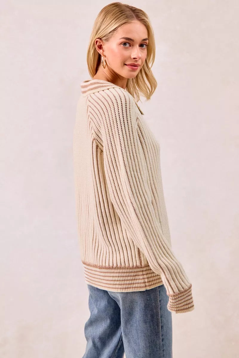 BiBi Half Button Ribbed Two Tone Sweater - SwagglyLife Home & Fashion