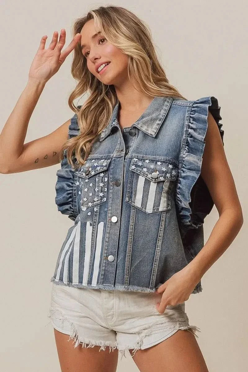 BiBi American Flag Washed Denim Jacket - SwagglyLife Home & Fashion
