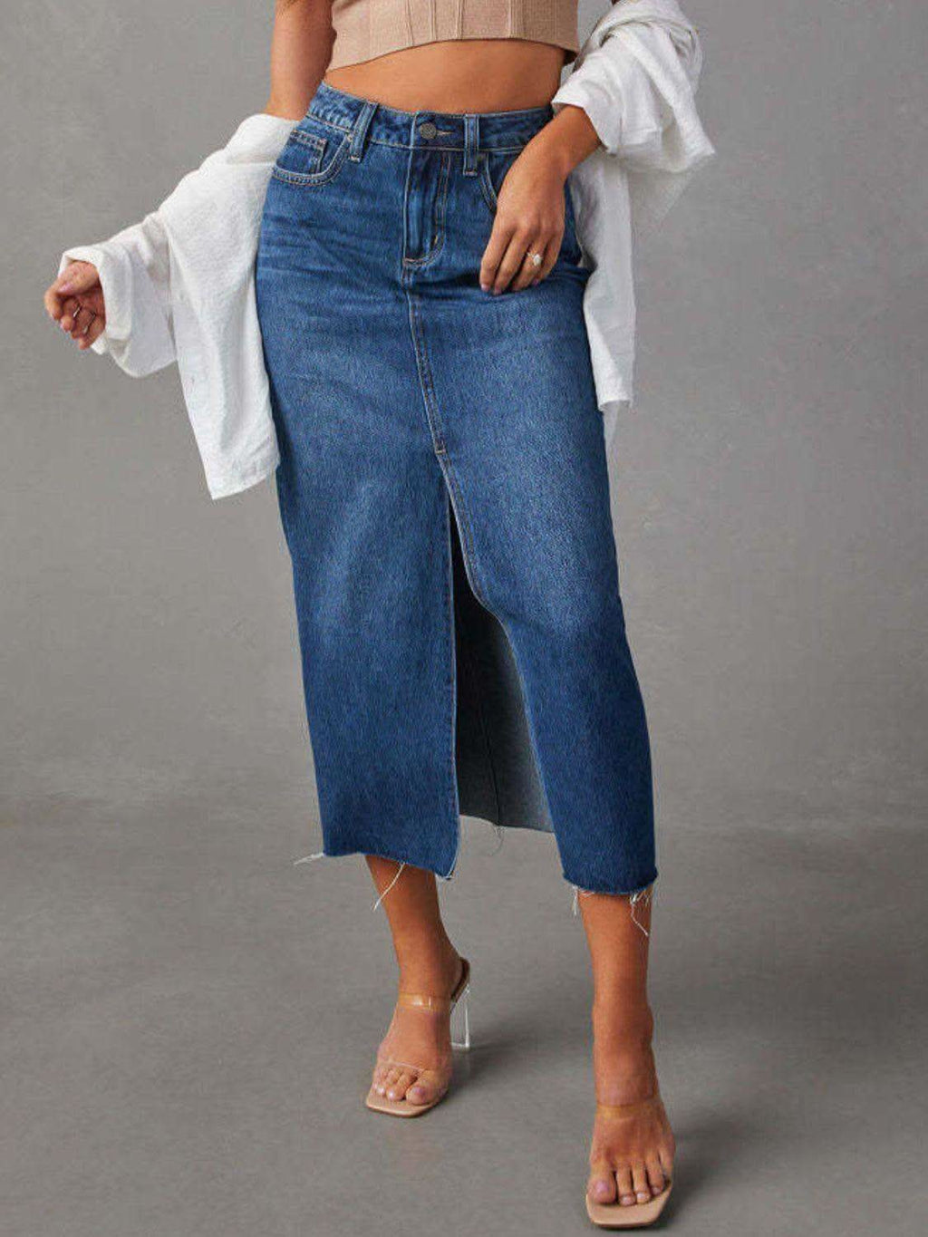 Raw Hem Front Slit Denim Midi Skirt - SwagglyLife Home & Fashion