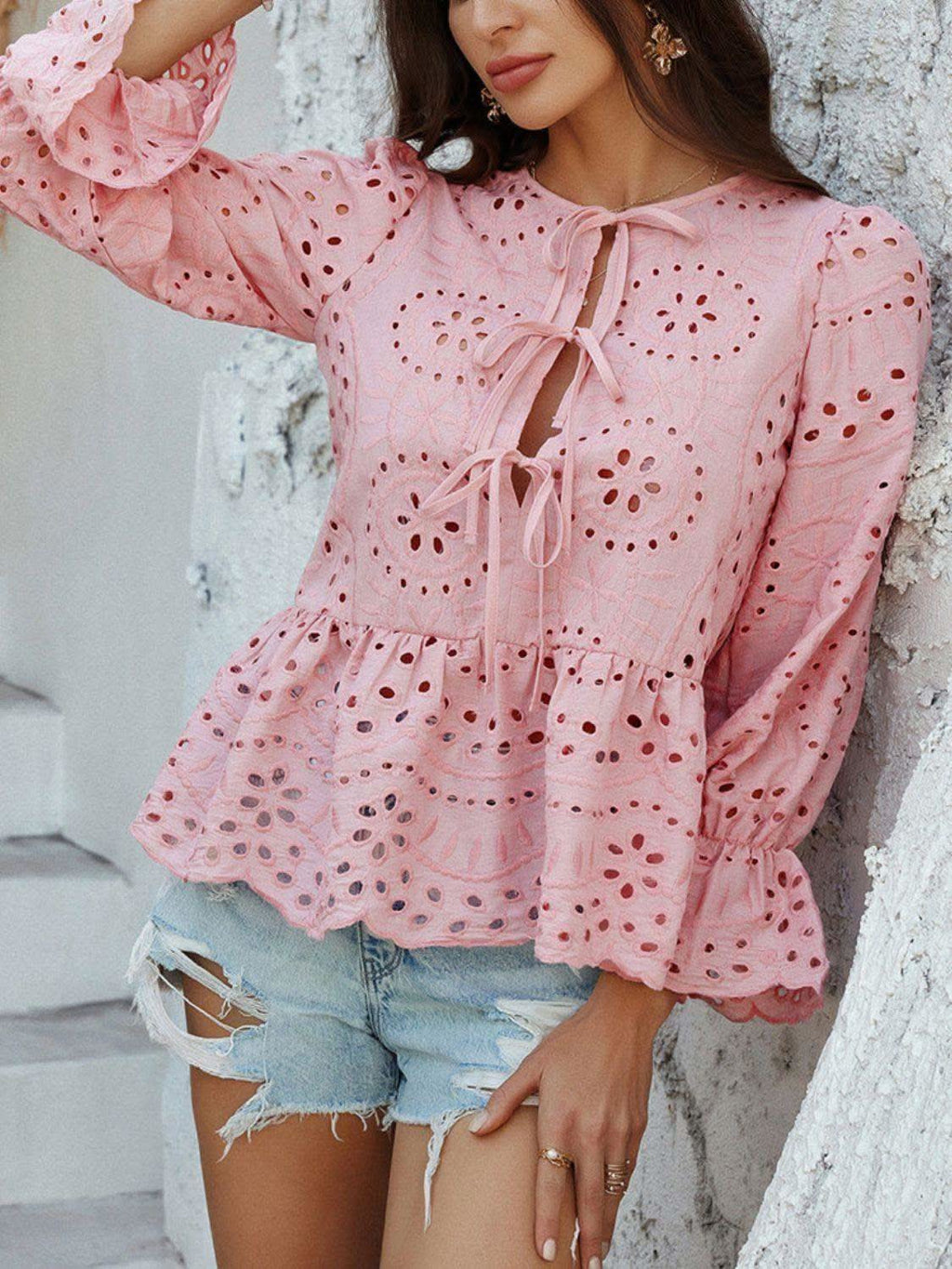 Devine Tie Front Flounce Sleeve Peplum Blouse in Dusty Pink - Blouses photo