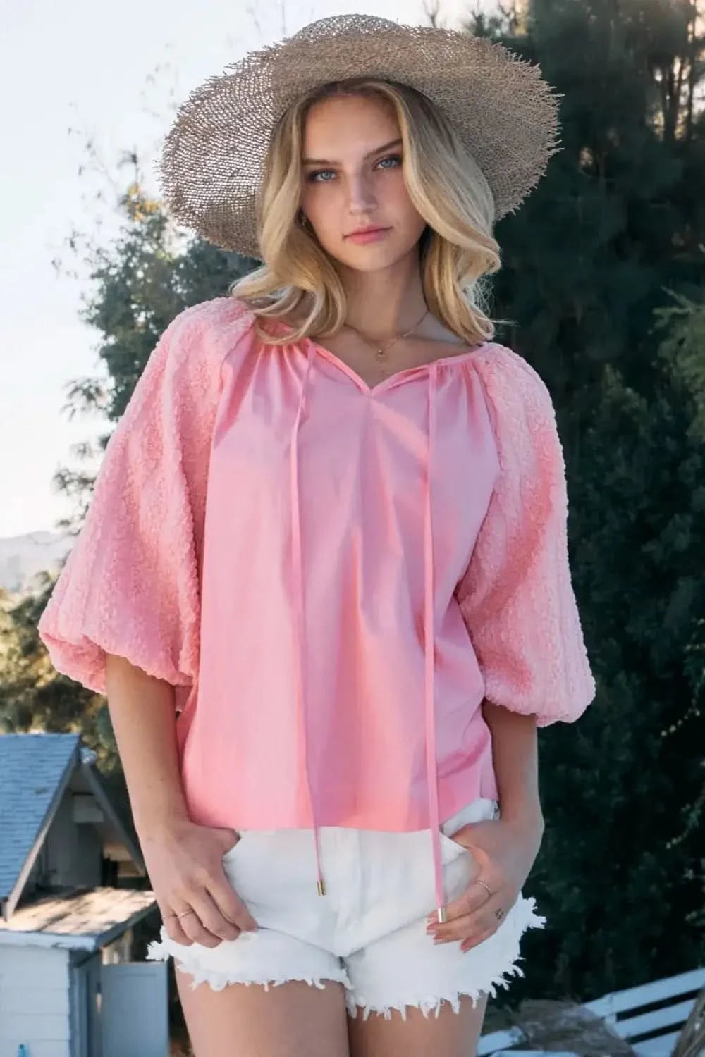 ODDI Full Size Poplin Bubble Sleeve Blouse in Pink - photo
