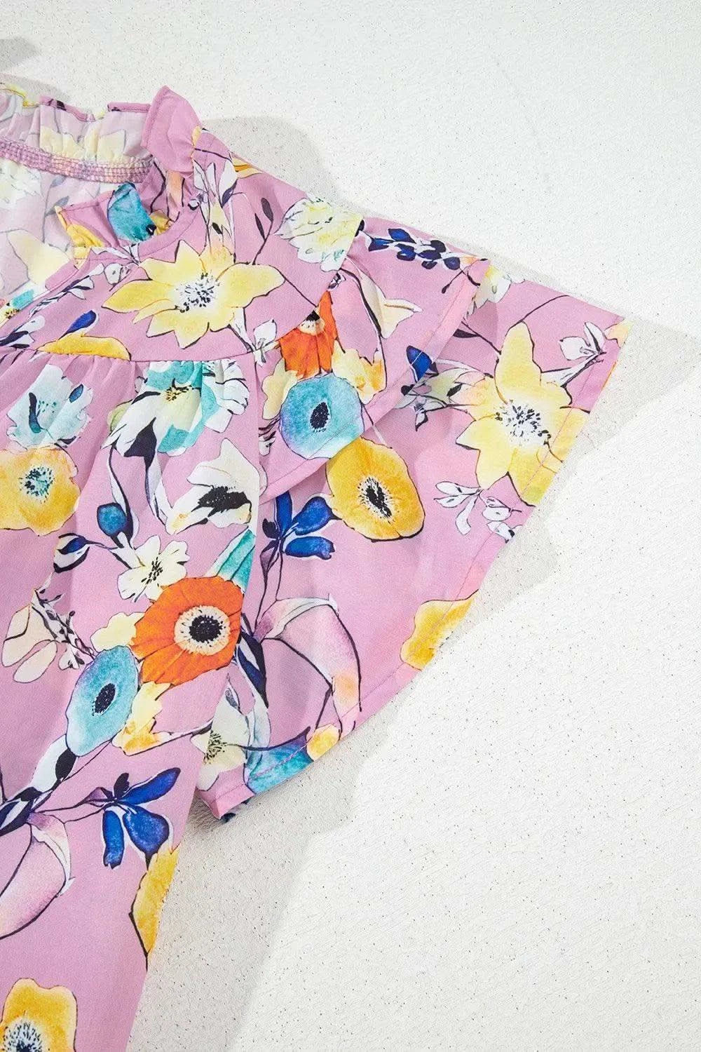 Printed Notched Double Layered Ruffle Sleeve Blouse - SwagglyLife Home & Fashion