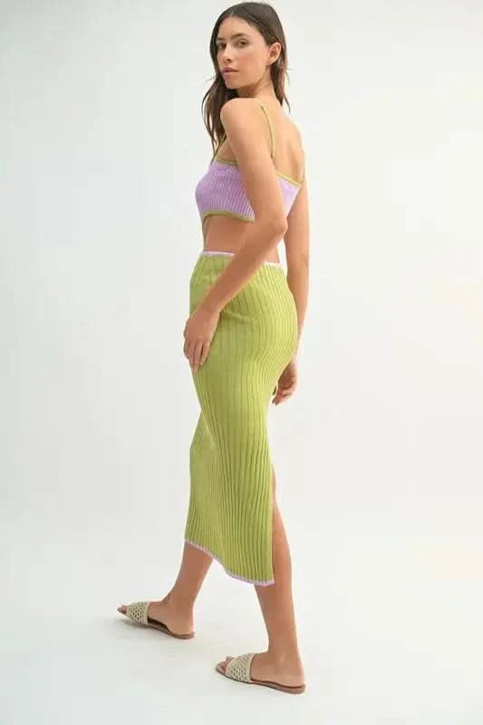 MABLE Ribbed Knit Color Block Cutout Midi Dress in - photo