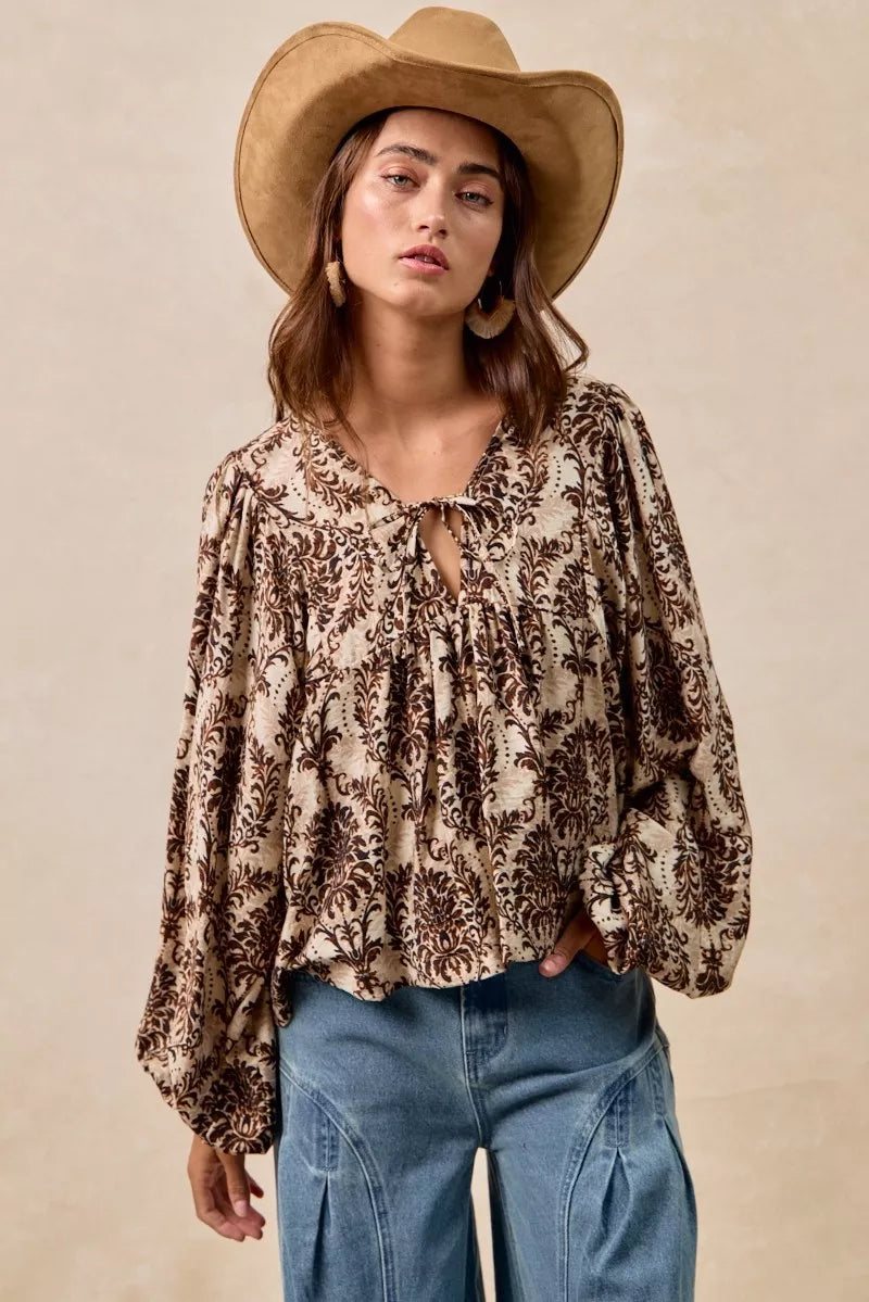 BiBi Printed Woven Front Tied Blouse with Baloon Sleeve in - photo