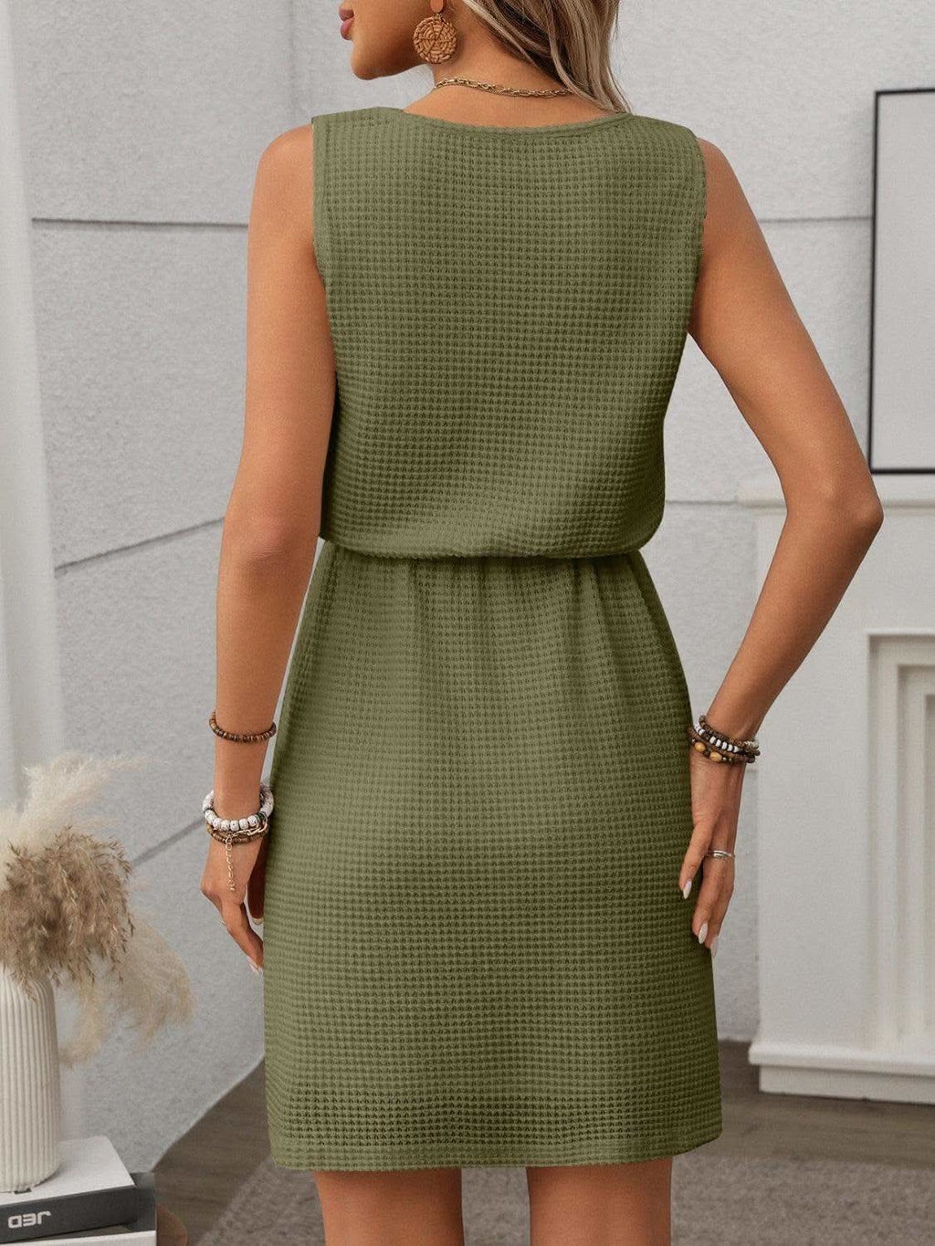 Waffle-Knit Drawstring Mini Tank Dress - SwagglyLife Home & Fashion