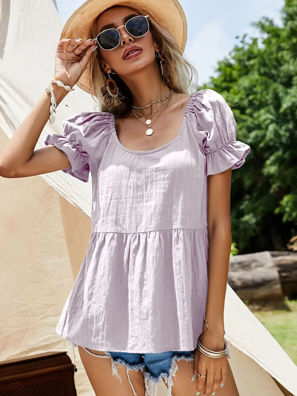 Scoop Neck Flounce Sleeve Blouse in Lilac - photo