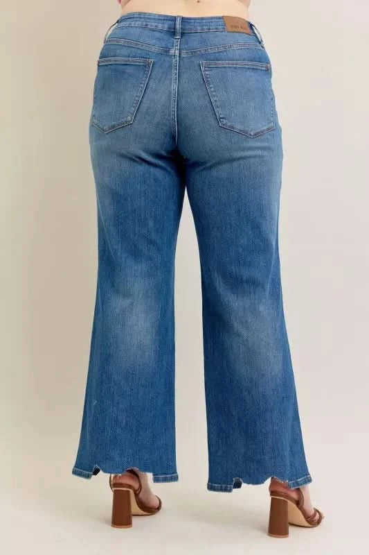 Judy Blue Full Size High Waist Tummy Control Chew Hem Destroy Wide Jeans Plus Size in - photo