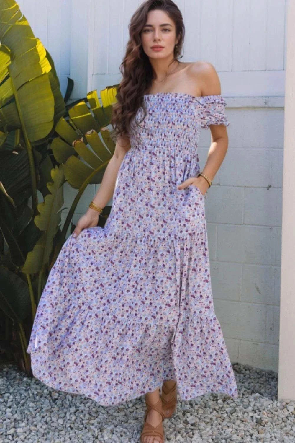 Tiered Floral Shirred High Waist Maxi Dress in Lavender - photo