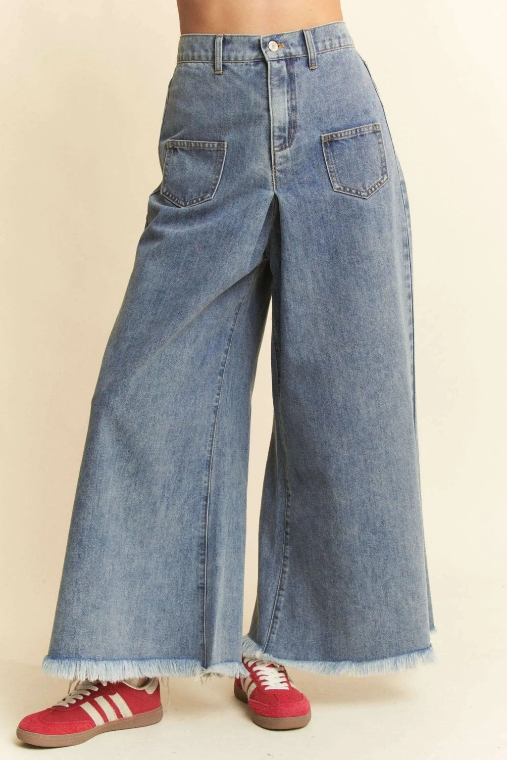 Davi & Dani Patch Pocket Wide Leg Culotte Jeans in LIGHT DENIM - photo