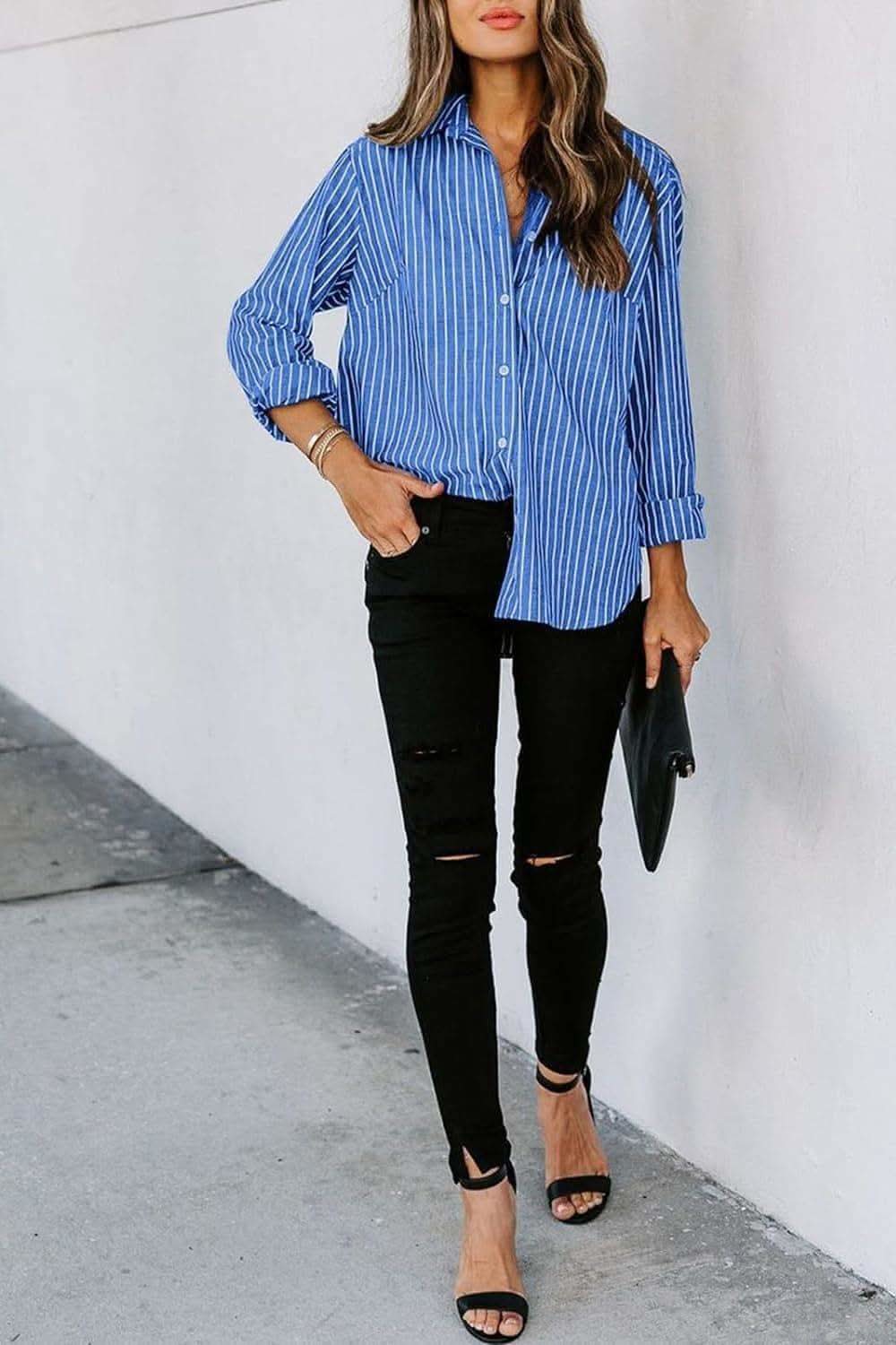Striped Button Up Long Sleeve Shirt - SwagglyLife Home & Fashion