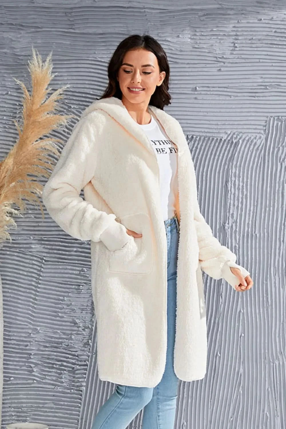 Double Take Full Size Hooded Teddy Bear Jacket with Thumbholes in - photo