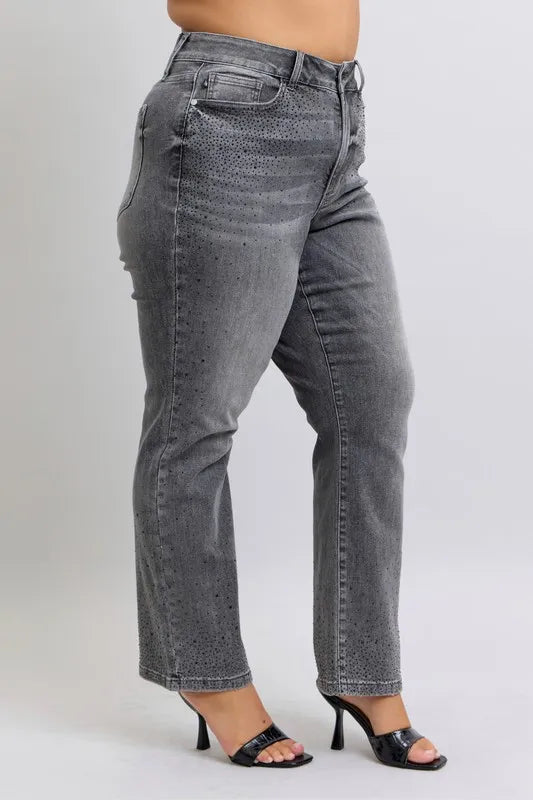 Judy Blue Full Size High Waist Rhinestone Straight Jeans Plus Size - SwagglyLife Home & Fashion