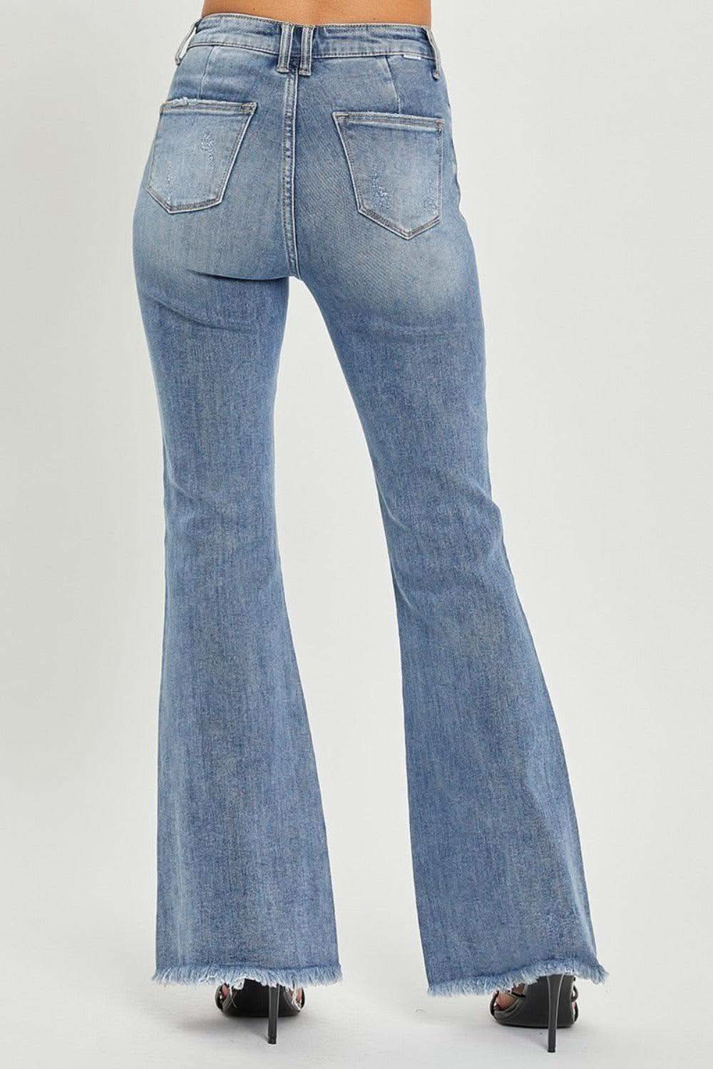 RISEN Full Size High Waist Raw Hem Flare Jeans in - photo