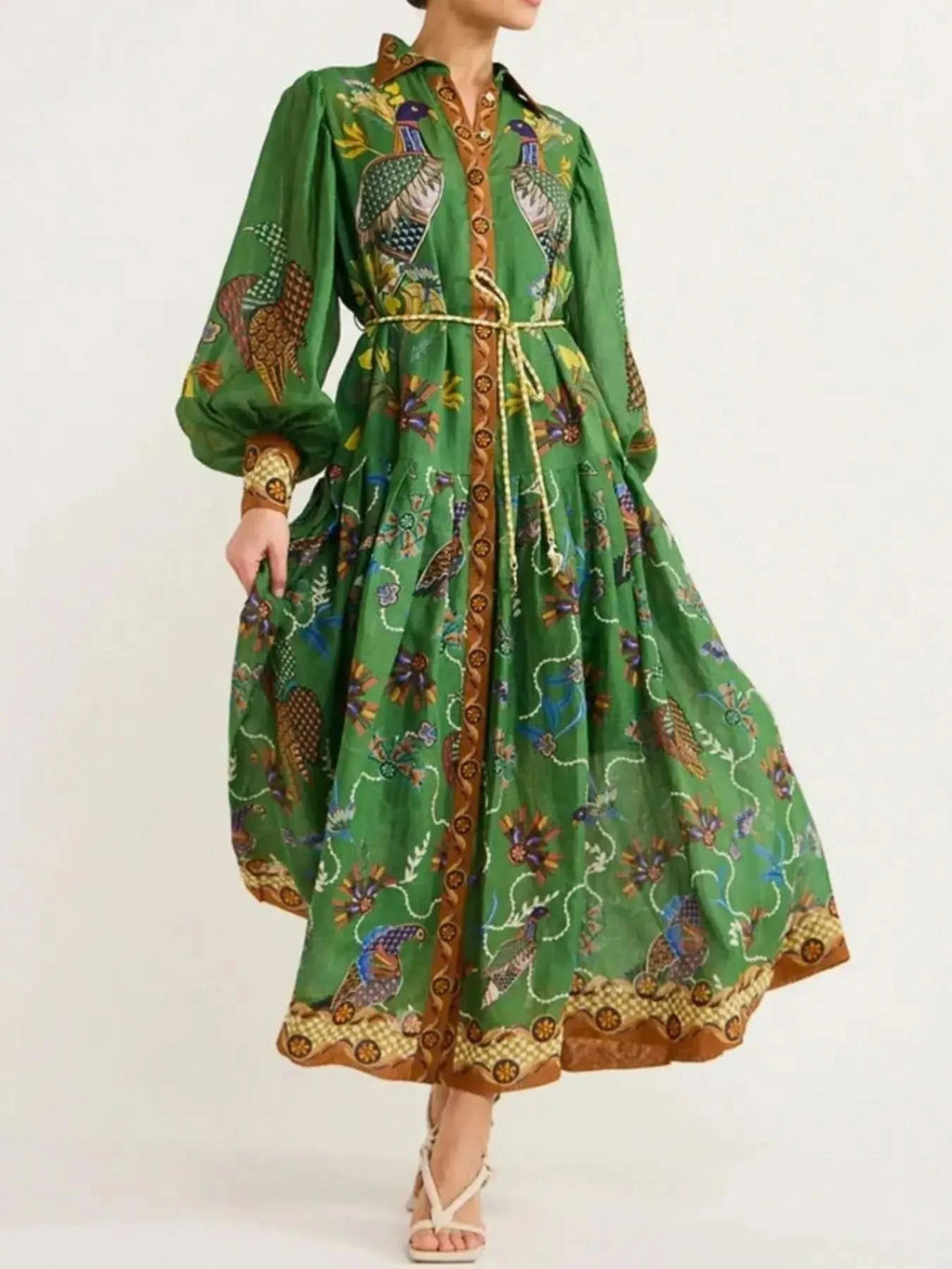 Printed Lantern Sleeve Maxi Shirt Dress in - photo