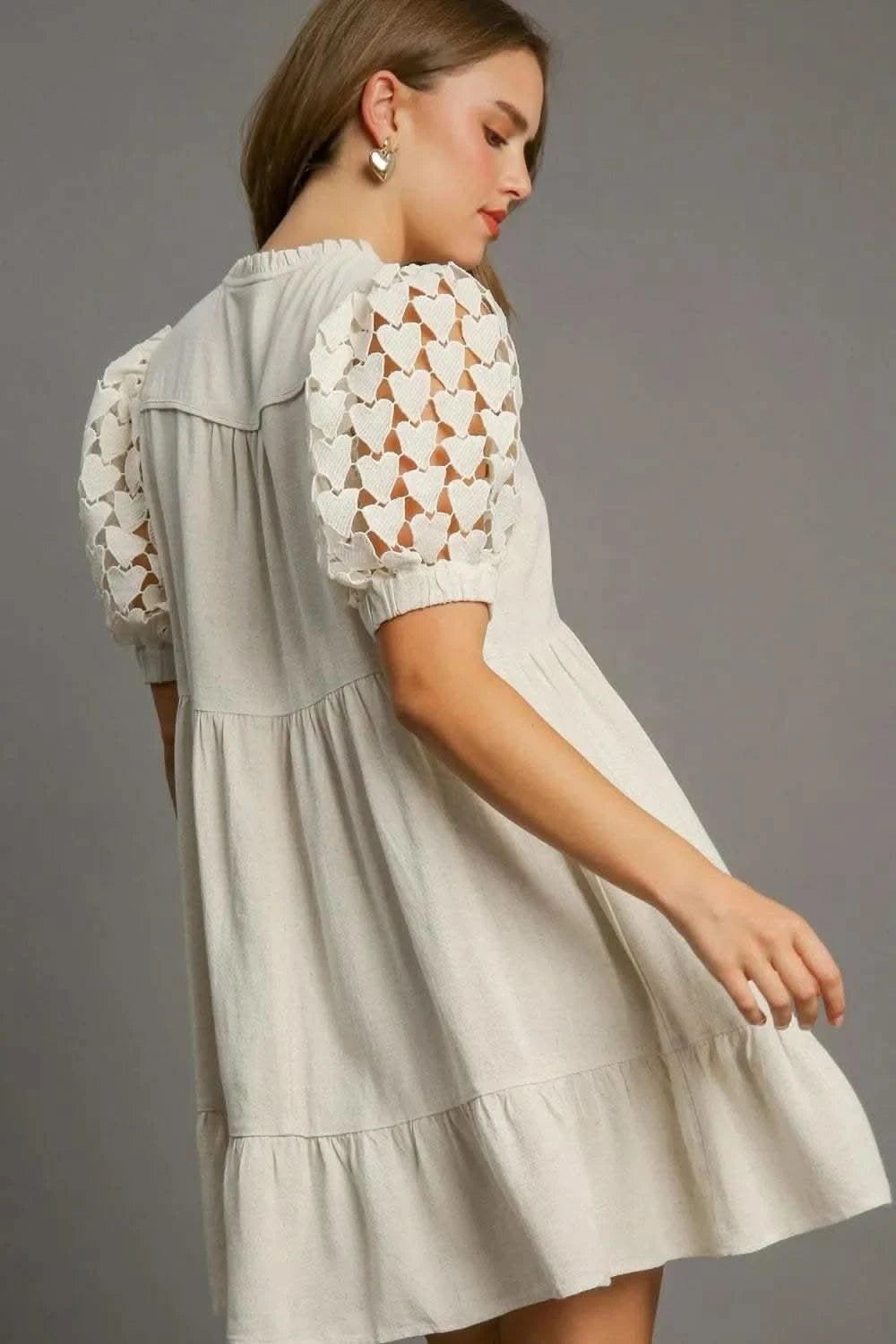 Umgee Full Size Ruffled Hem Heart Lace Sleeve Tie Neck Dress Plus Size in - photo