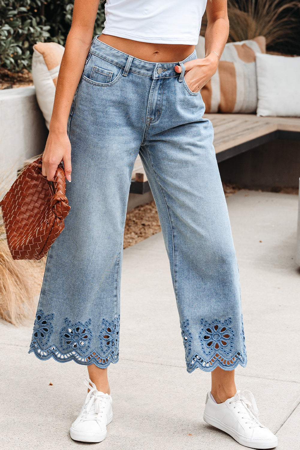 Juliette Embroidered Cropped Wide Leg High Waist Jeans in - Bottoms/Jeans photo