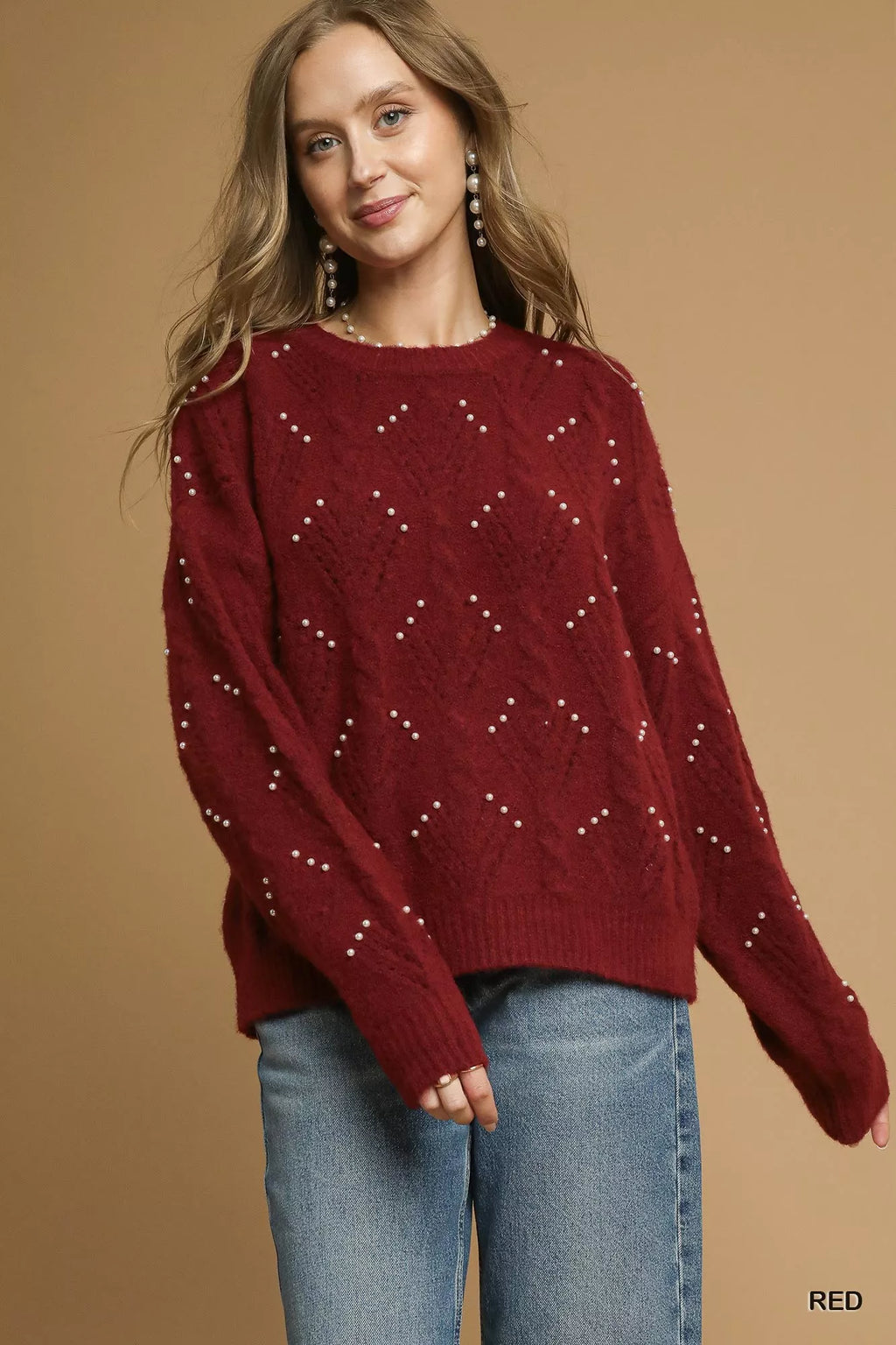 Umgee Pearl-Embellished Long Sleeve Sweater - SwagglyLife Home & Fashion