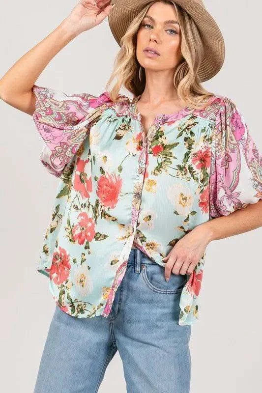 SAGE+FIG Plus Size Floral Mineral Wash French Terry Button Up Shirt in - photo