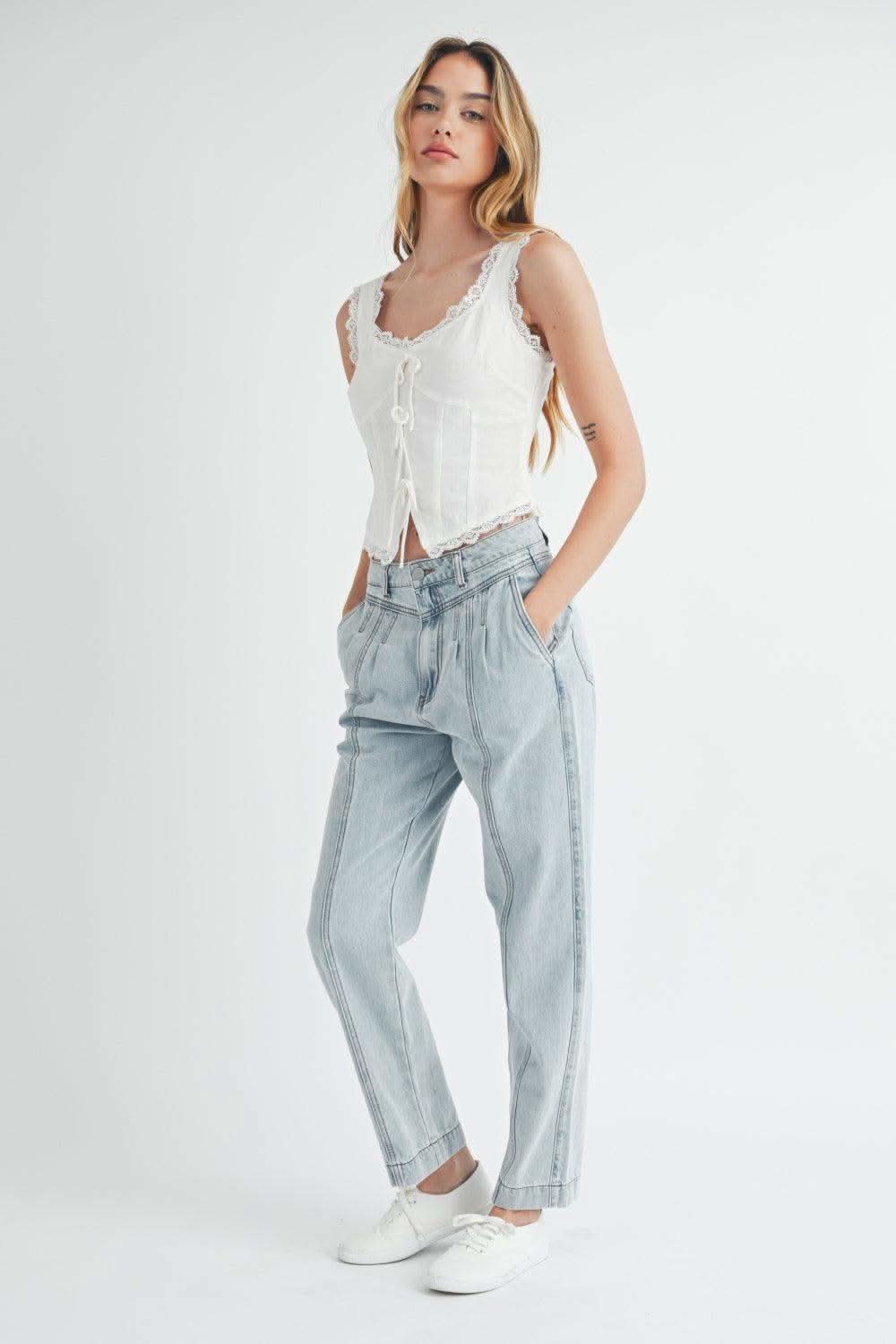 MABLE Pleated Front Detail Straight Jeans - SwagglyLife Home & Fashion