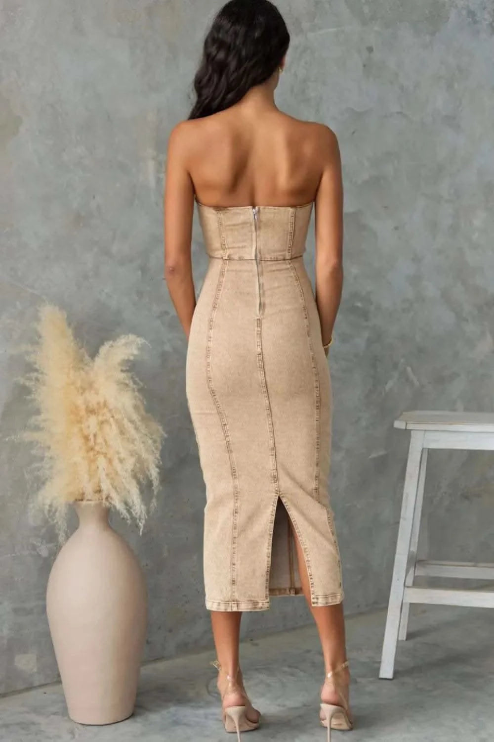 Washed Slit Back Tube Denim Dress in - photo