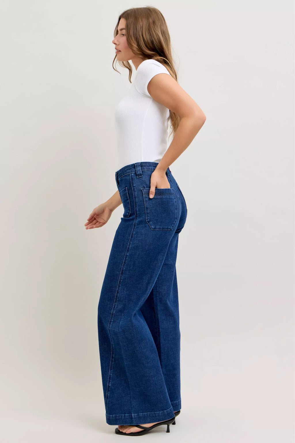 Judy Blue High-Waisted Retro Wide Jeans with Patch Pkts & Twisted Seams in - photo