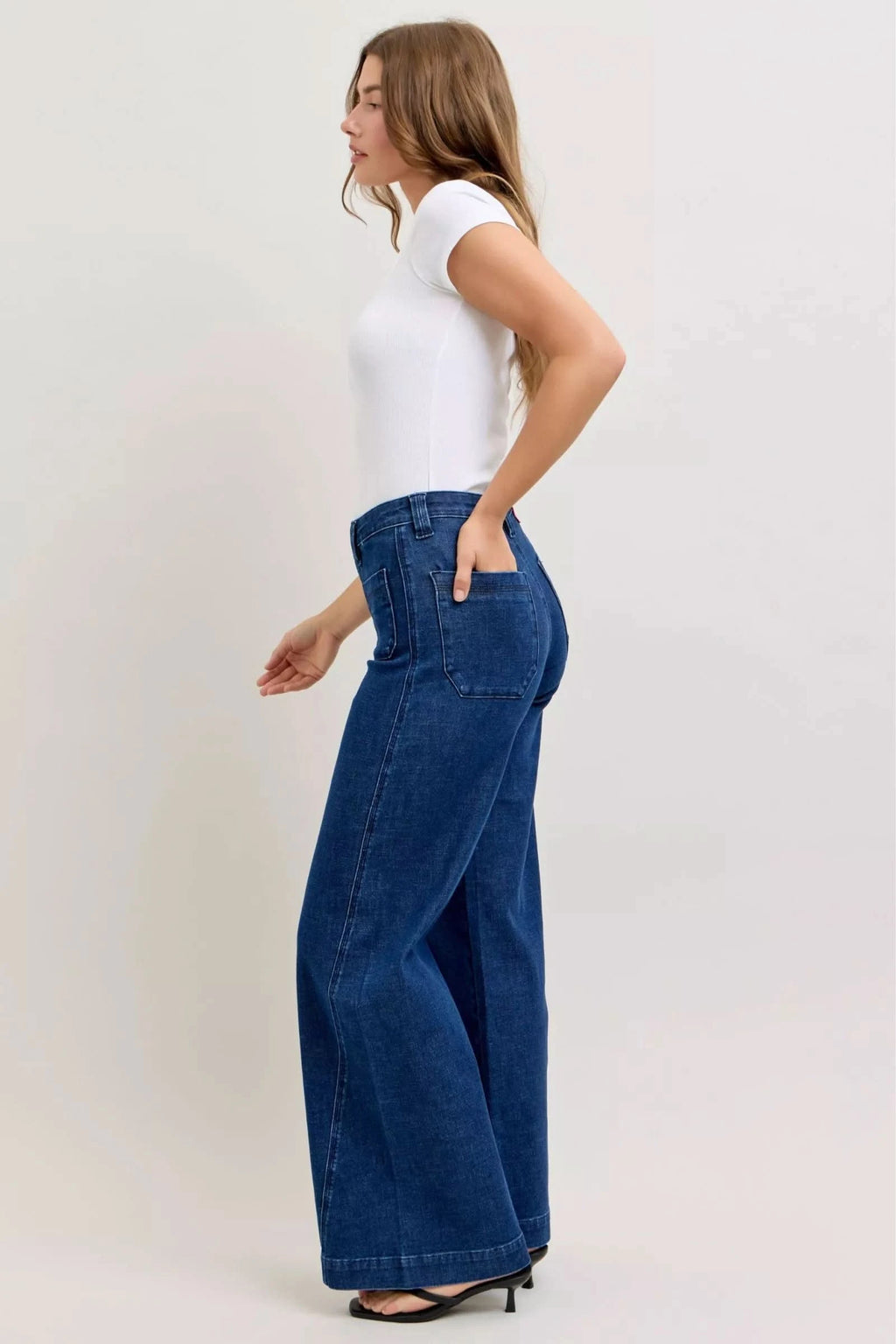 Judy Blue High-Waisted Retro Wide Jeans with Patch Pkts & Twisted Seams in - photo