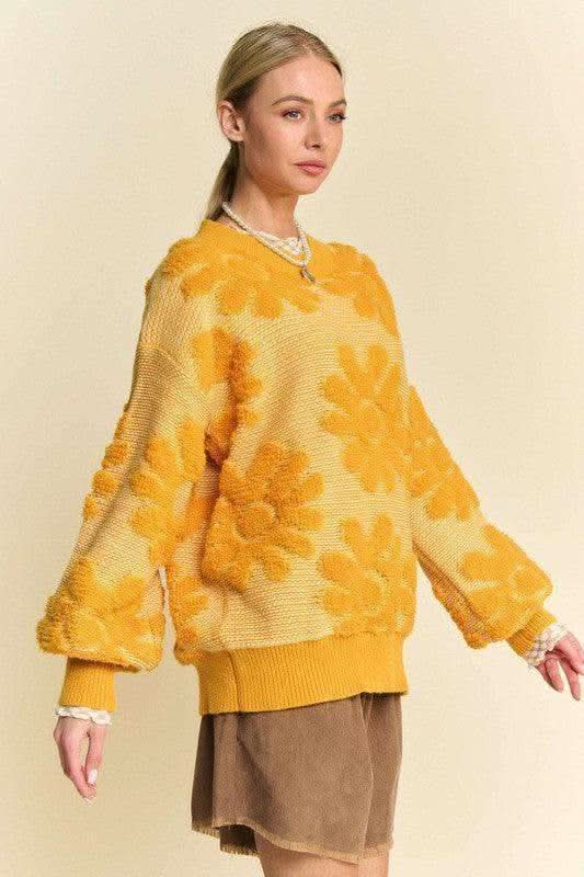 Davi & Dani Flower Texture Round Neck Dropped Shoulder Sweater in - photo