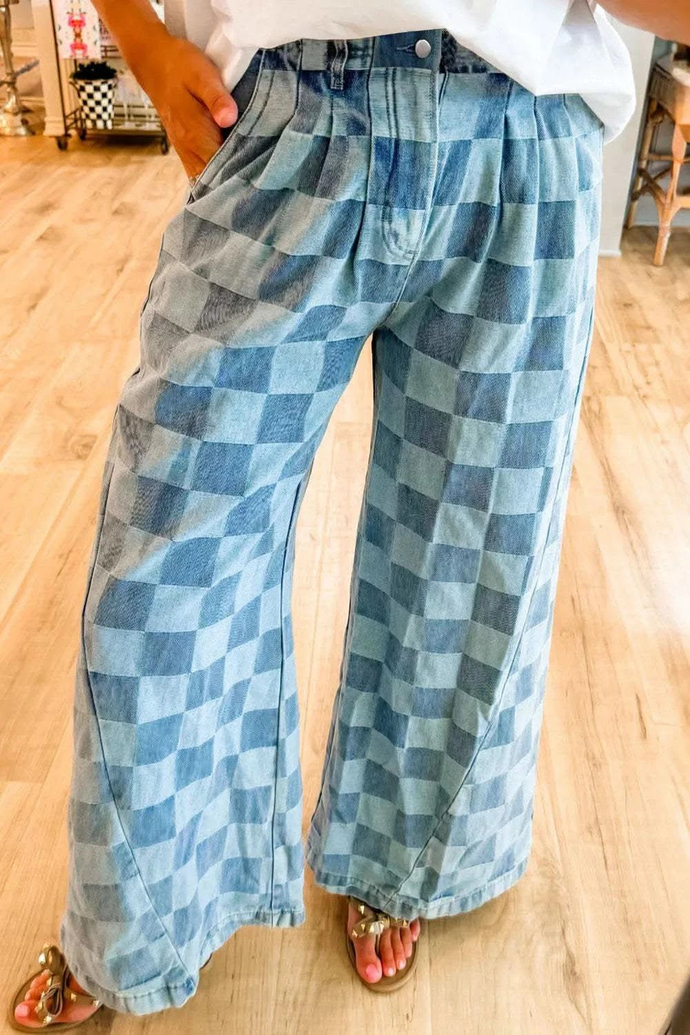 Checkered Wide Leg Jeans with Pockets in Dusty Blue - photo