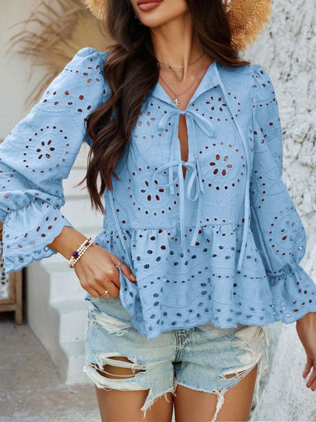 Devine Tie Front Flounce Sleeve Peplum Blouse in - Blouses photo