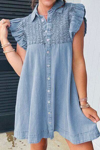 Smocked Collared Neck Cap Sleeve Denim Dress - SwagglyLife Home & Fashion