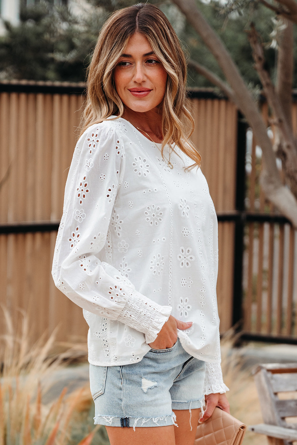 Allison Eyelet Embroidered Smocked Cuff Sheer Blouse in - Tops/Blouses & Shirts photo