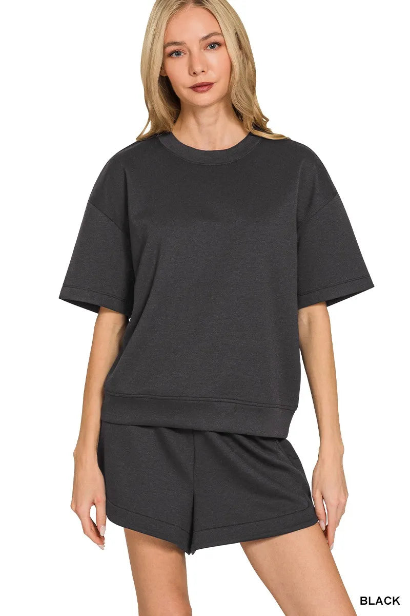 Zenana Scuba Short Sleeve Top & Shorts Set in BLACK - photo