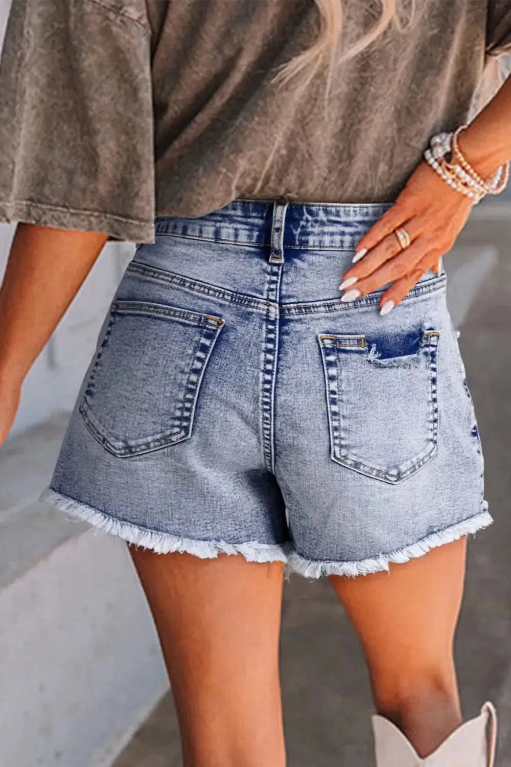 Pearl Studded Pockets Raw Hem Denim Shorts - SwagglyLife Home & Fashion